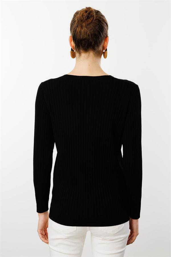 Kadın V Yaka Fitilli Bluz Siyah