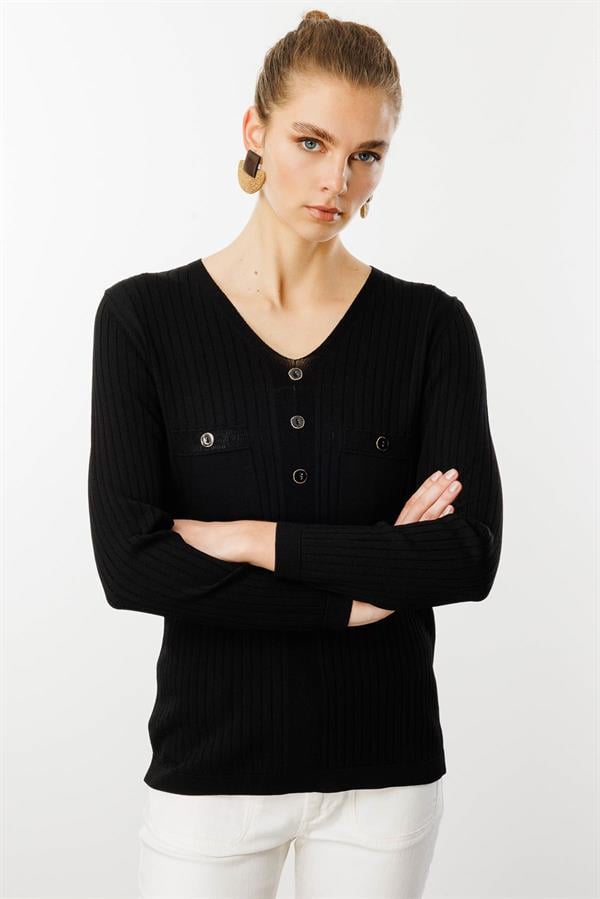 Kadın V Yaka Fitilli Bluz Siyah