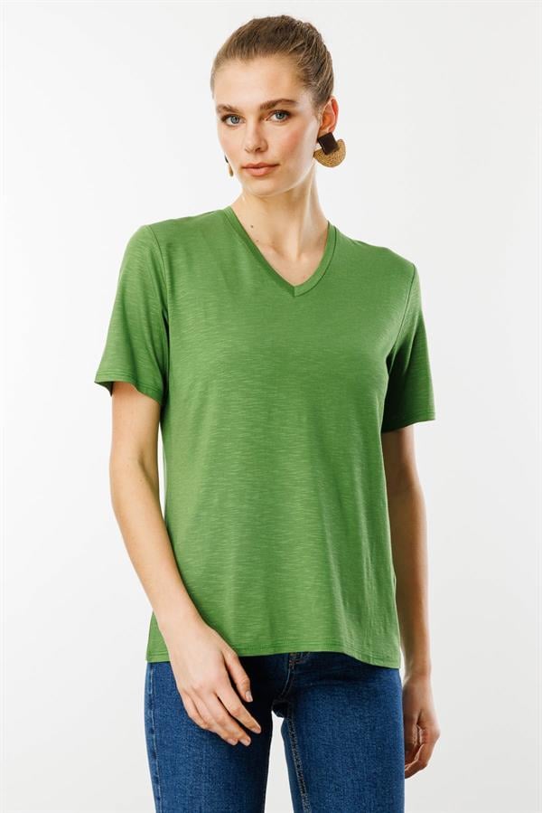 Kadın V Yaka Flamlı Kumaş Basic Tshirt A.Yeşil