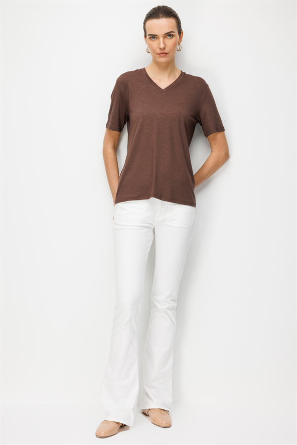 Kadın V Yaka Flamlı Kumaş Basic Tshirt K.Kahve