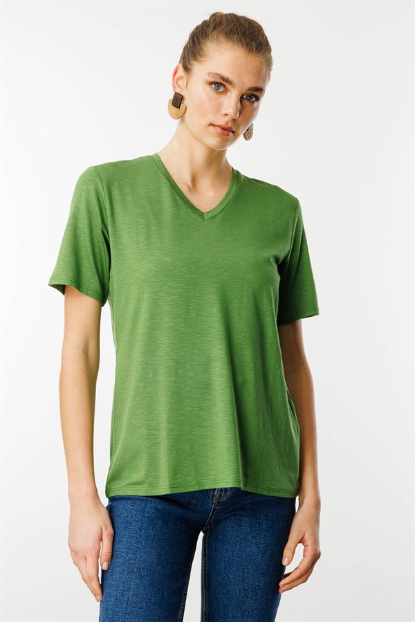Kadın V Yaka Flamlı Kumaş Basic Tshirt A.Yeşil