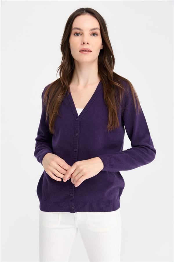 Kadın V Yaka Hırka Yün K.Mor