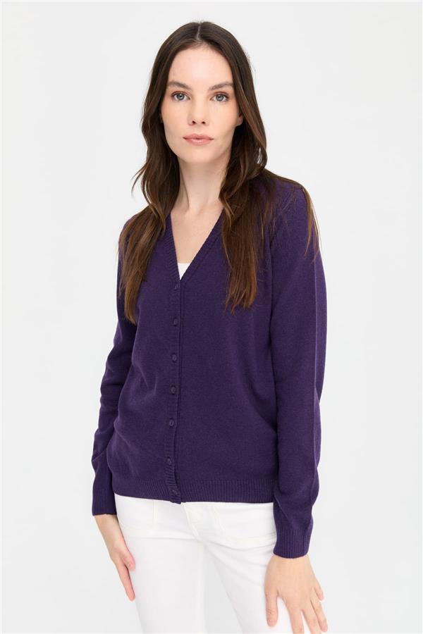 Kadın V Yaka Hırka Yün K.Mor