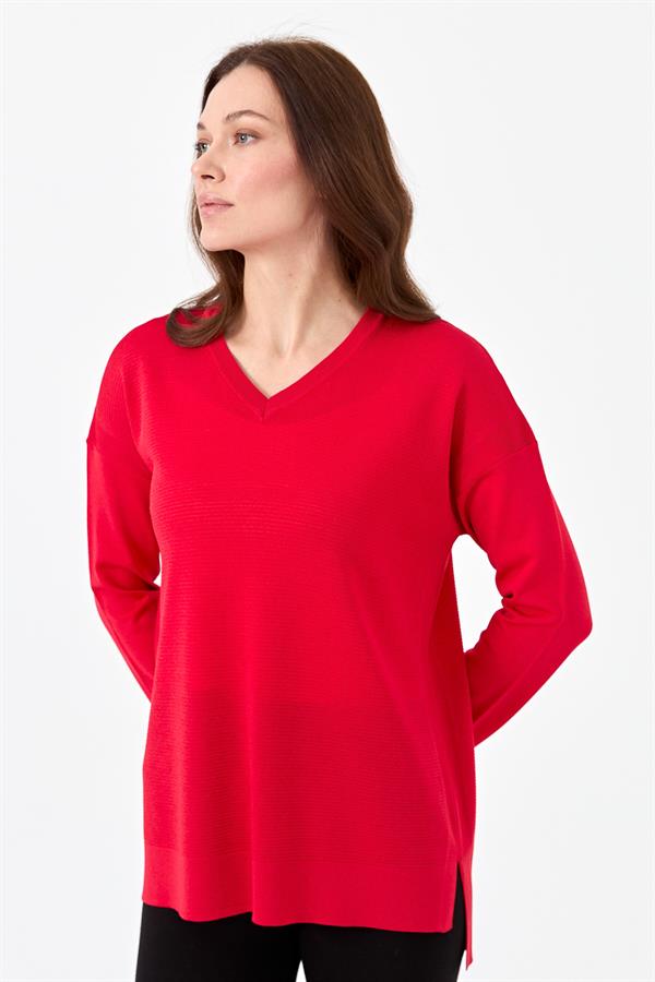 Женская трикотажная тонкая блуза с V-образным вырезом алая