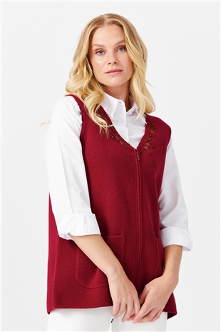 Женский шерстяной жилет с круглым вырезом отделкой на кармане, вишневый 