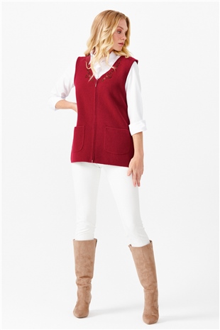 Женский шерстяной жилет с круглым вырезом отделкой на кармане, вишневый 