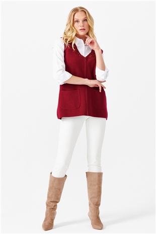 Женский шерстяной жилет с круглым вырезом отделкой на кармане, вишневый 