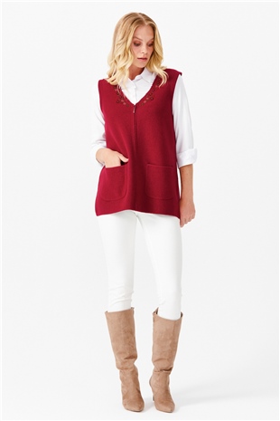 Женский шерстяной жилет с круглым вырезом отделкой на кармане, вишневый 