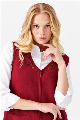 Женский шерстяной жилет с круглым вырезом отделкой на кармане, вишневый 