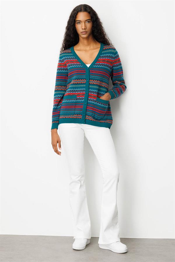 Kadın V Yaka Jakarlı Yün Hırka K.Ö.başı