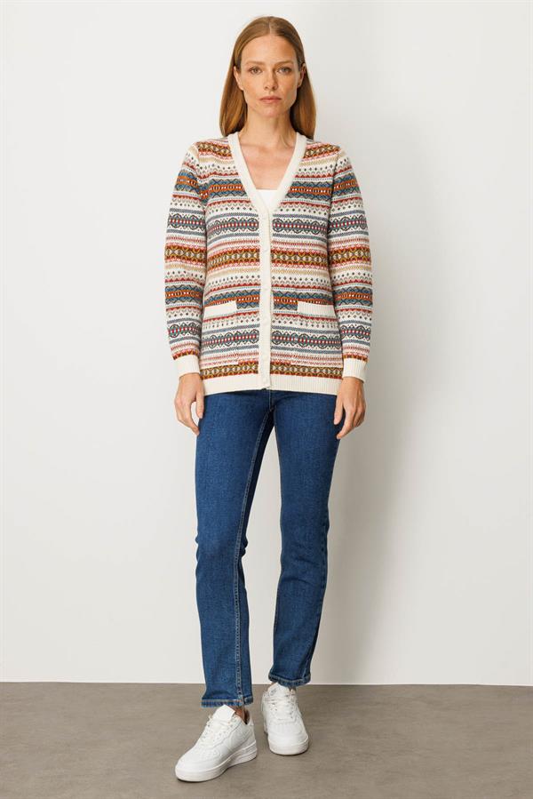 Kadın V Yaka Jakarlı Yün Hırka Kemik