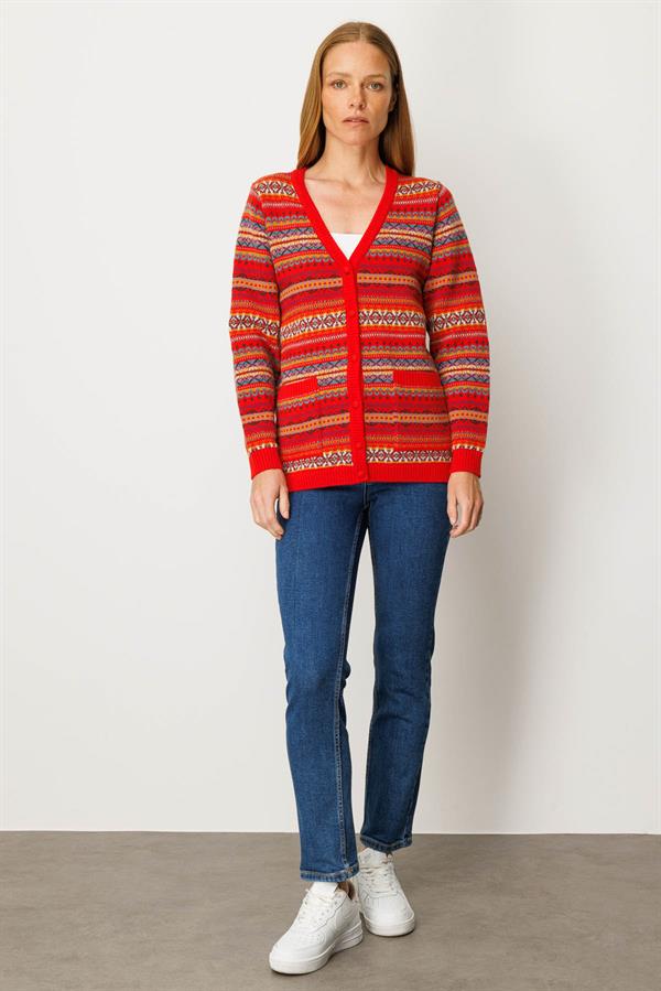 Kadın V Yaka Jakarlı Yün Hırka Mercan