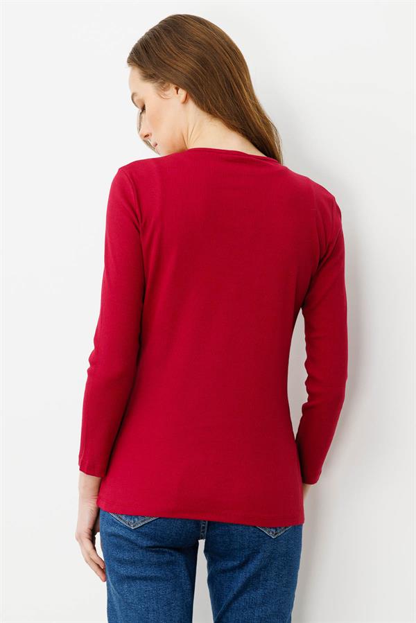 Kadın V Yaka Kaşkorse Penye Bluz Vişne