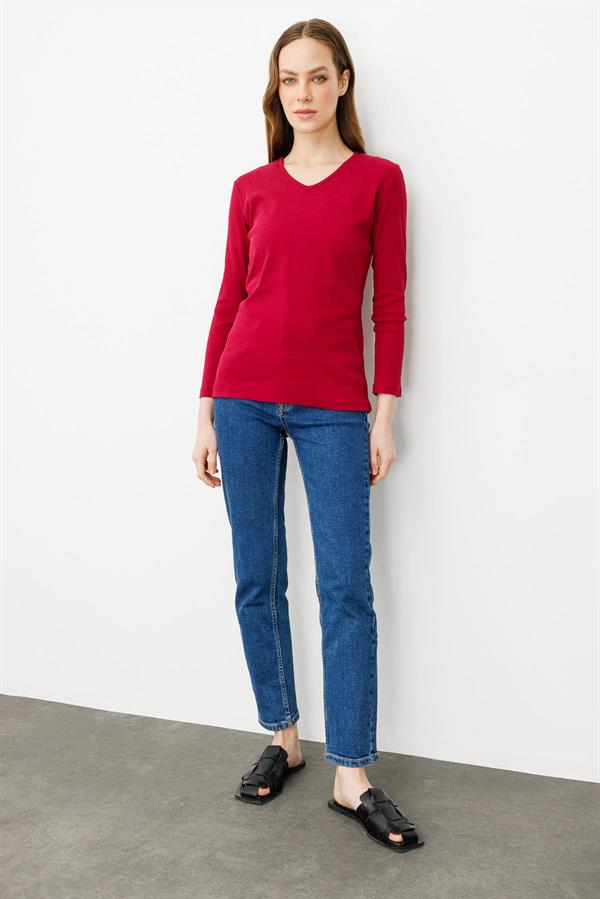 Kadın V Yaka Kaşkorse Penye Bluz Vişne