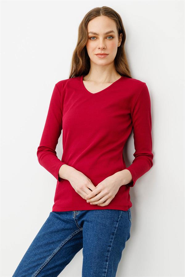 Kadın V Yaka Kaşkorse Penye Bluz Vişne