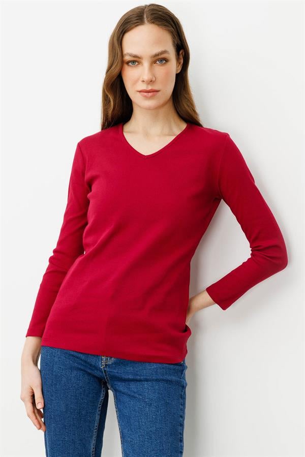 Kadın V Yaka Kaşkorse Penye Bluz Vişne