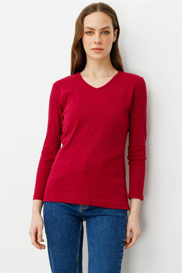 Kadın V Yaka Kaşkorse Penye Bluz Vişne