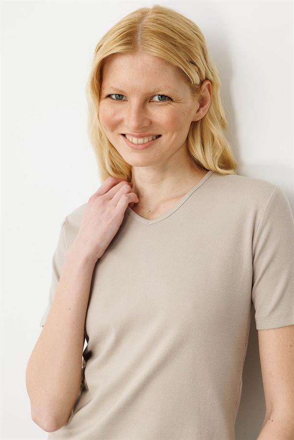 Kadın V Yaka Kaşkorse Pamuk T-shirt Bej