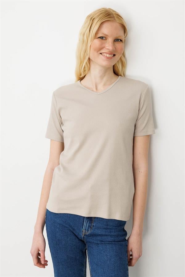 Kadın V Yaka Kaşkorse Pamuk T-shirt Bej