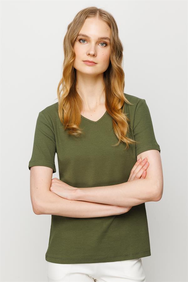 Женская хлопковая облегающая футболка с V образным вырезом хаки 