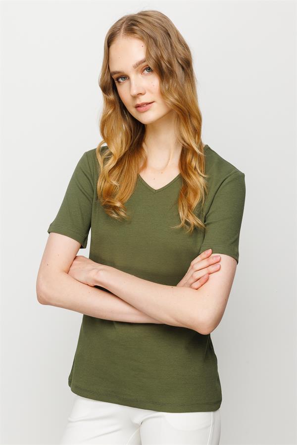 Женская хлопковая облегающая футболка с V образным вырезом хаки 
