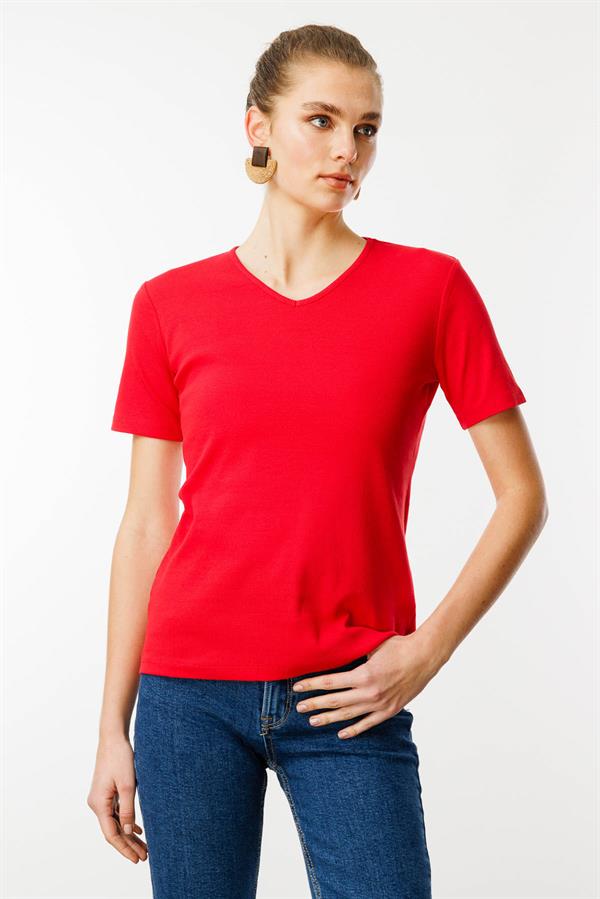 Kadın V Yaka Kaşkorse Pamuk T-shirt Kırmızı
