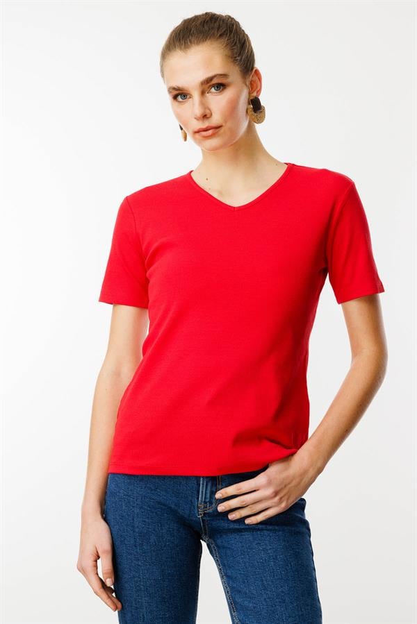 Kadın V Yaka Kaşkorse Pamuk T-shirt Kırmızı