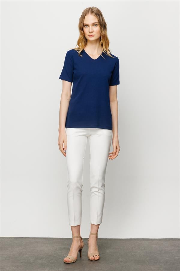 Женская хлопковая облегающая футболка с V образным вырезом темно синяя