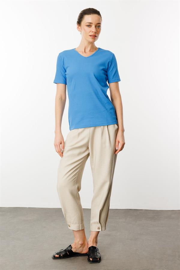 Kadın V Yaka Kaşkorse Pamuk T-shirt Mavi