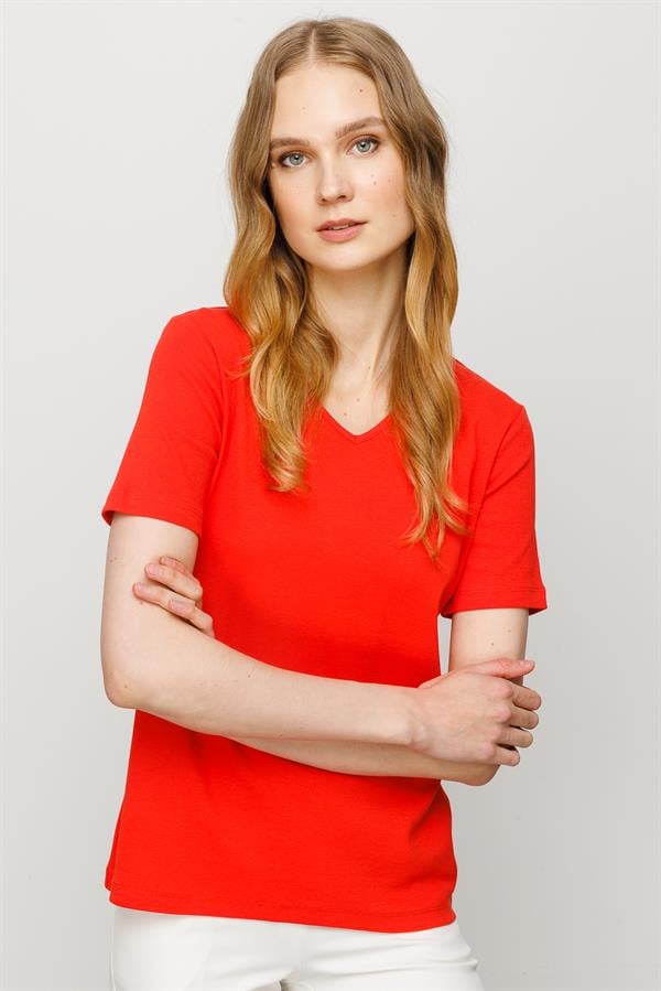 Женская хлопковая облегающая футболка с V образным вырезом оранжевая