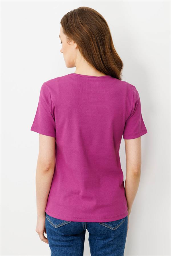 Kadın V Yaka Kaşkorse Pamuk T-shirt Sıklamen