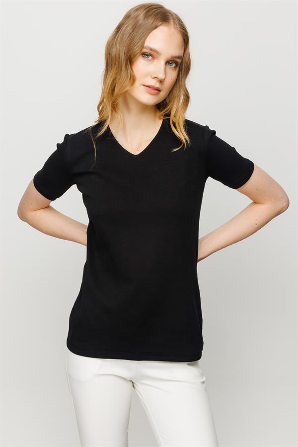 Женская хлопковая облегающая футболка с V образным вырезом черная