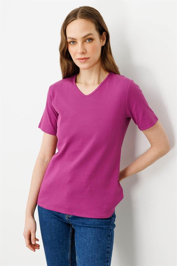 Kadın V Yaka Kaşkorse Pamuk T-shirt Sıklamen
