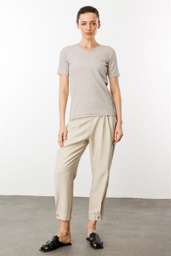 Женская хлопковая облегающая футболка с V образным вырезом серая