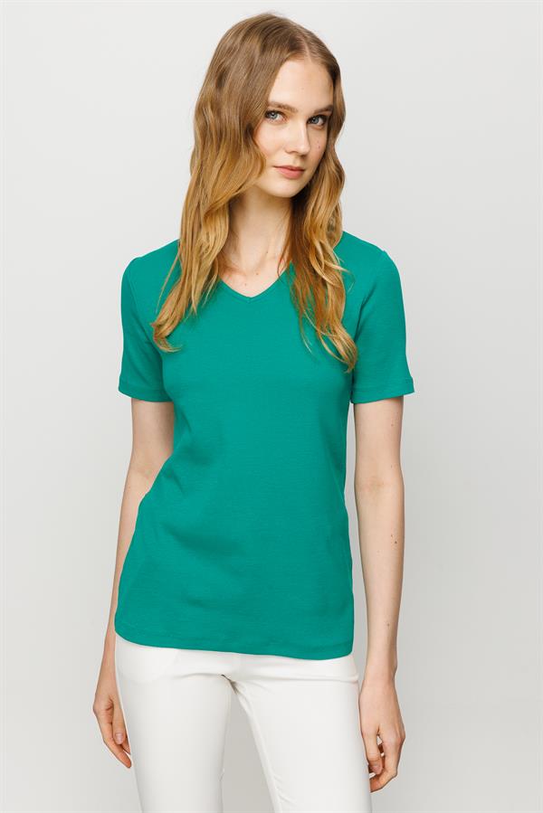 Женская хлопковая облегающая футболка с V образным вырезом зеленая