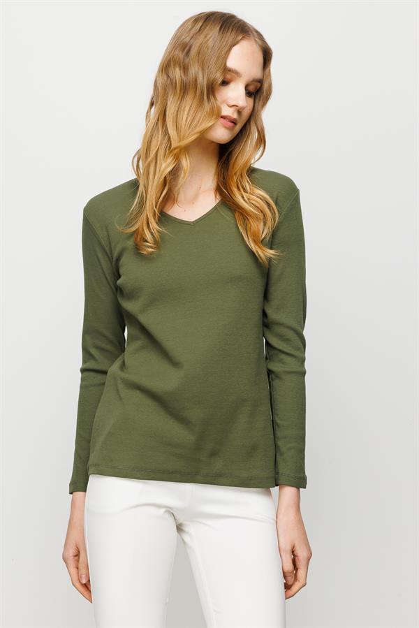 Женская хлопковая облегающая блуза с V образным вырезом хаки