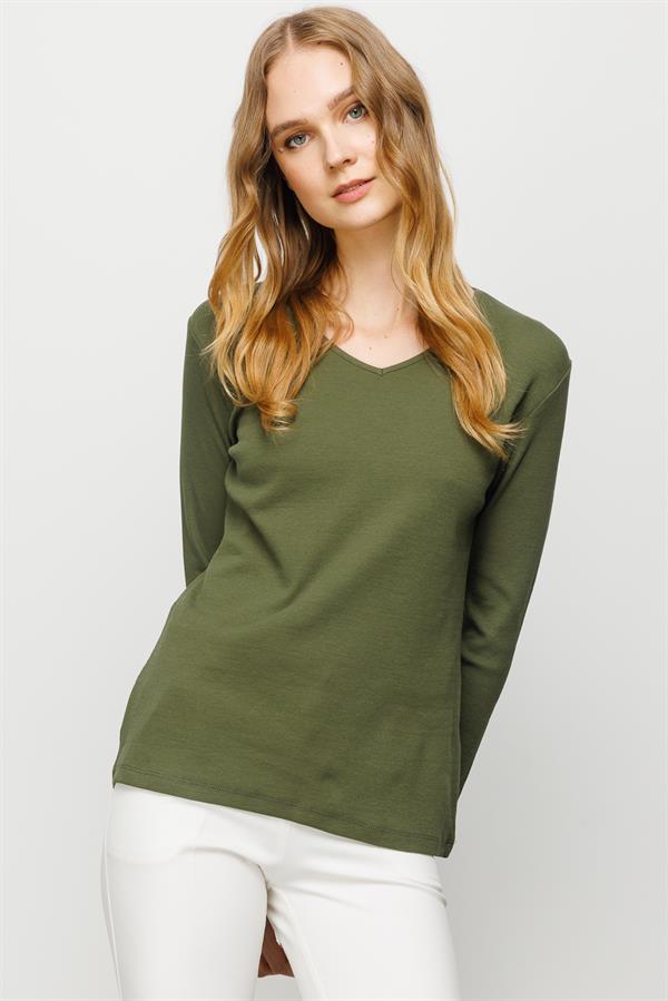 Женская хлопковая облегающая блуза с V образным вырезом хаки