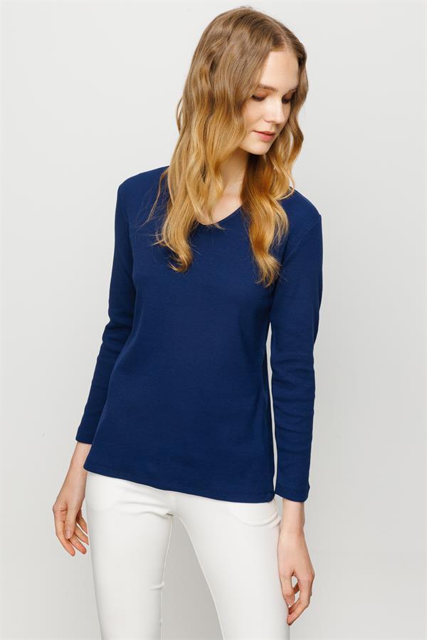 Женская хлопковая облегающая блуза с V образным вырезом темно синяя 
