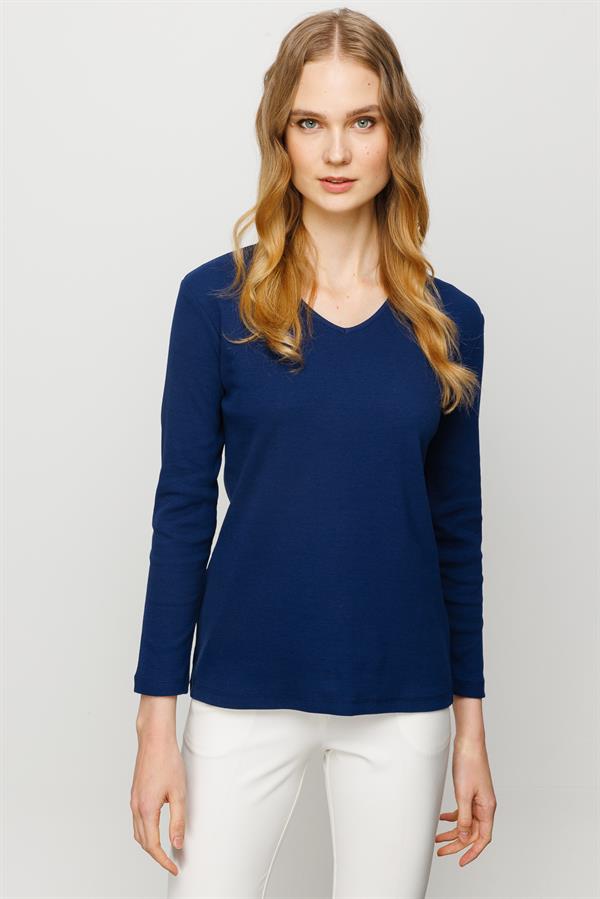 Женская хлопковая облегающая блуза с V образным вырезом темно синяя 