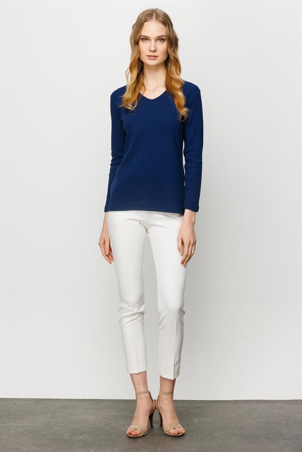 Женская хлопковая облегающая блуза с V образным вырезом темно синяя 