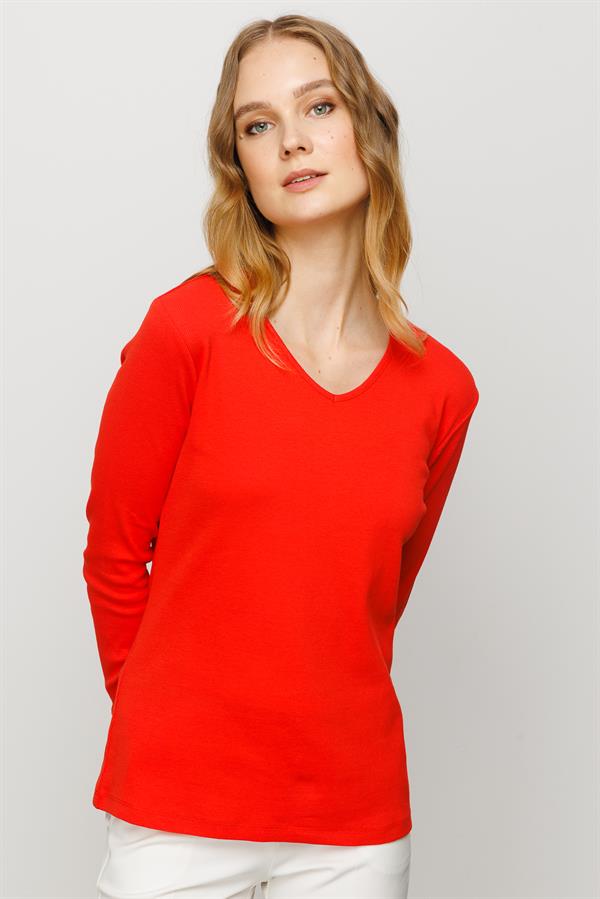 Женская хлопковая облегающая блуза с V образным вырезом оранжевая 