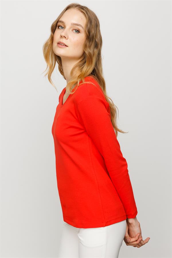 Женская хлопковая облегающая блуза с V образным вырезом оранжевая 