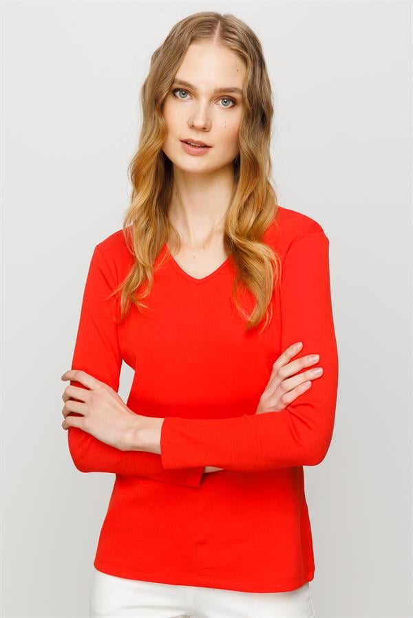 Женская хлопковая облегающая блуза с V образным вырезом оранжевая 