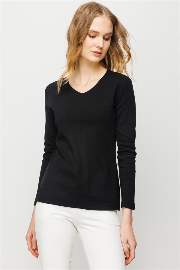 Женская хлопковая облегающая блуза с V образным вырезом черная 