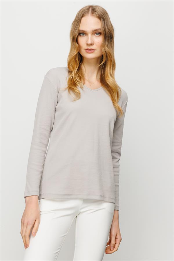 Женская хлопковая облегающая блуза с V образным вырезом серая 