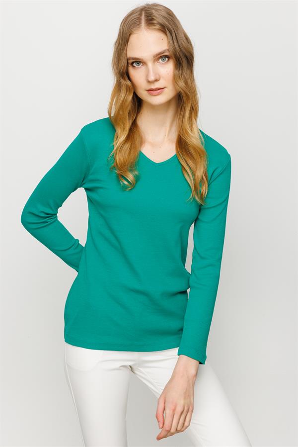 Женская хлопковая облегающая блуза с V образным вырезом зеленая 