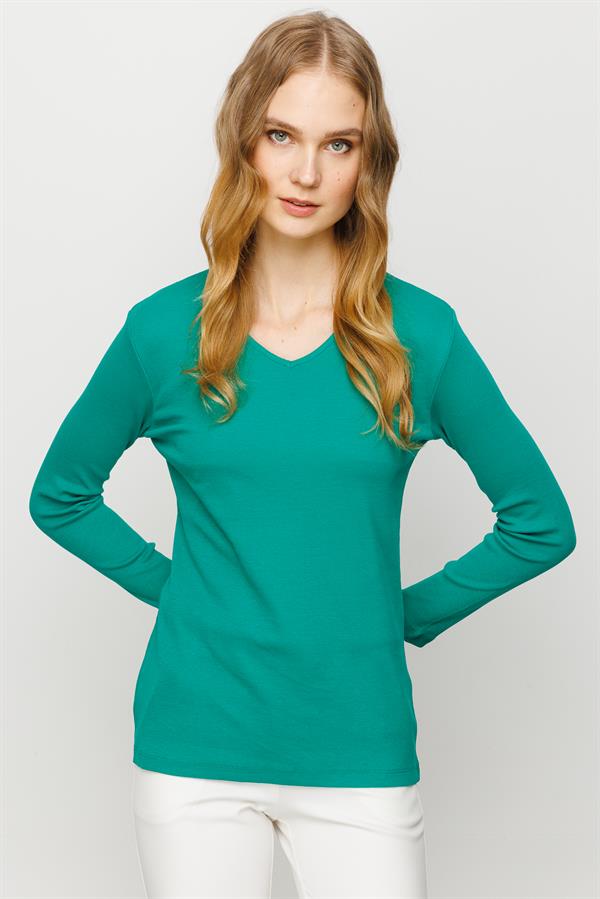 Женская хлопковая облегающая блуза с V образным вырезом зеленая 