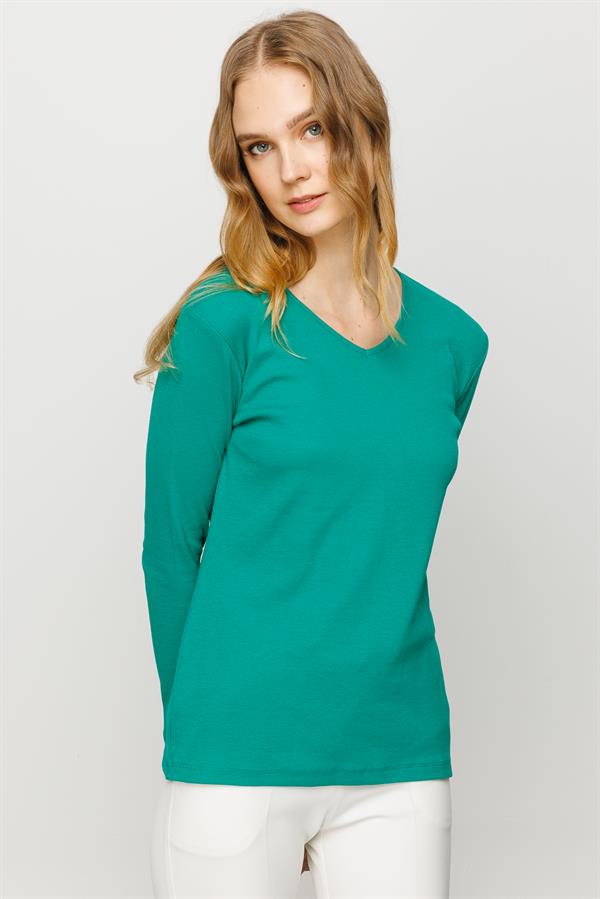 Женская хлопковая облегающая блуза с V образным вырезом зеленая 