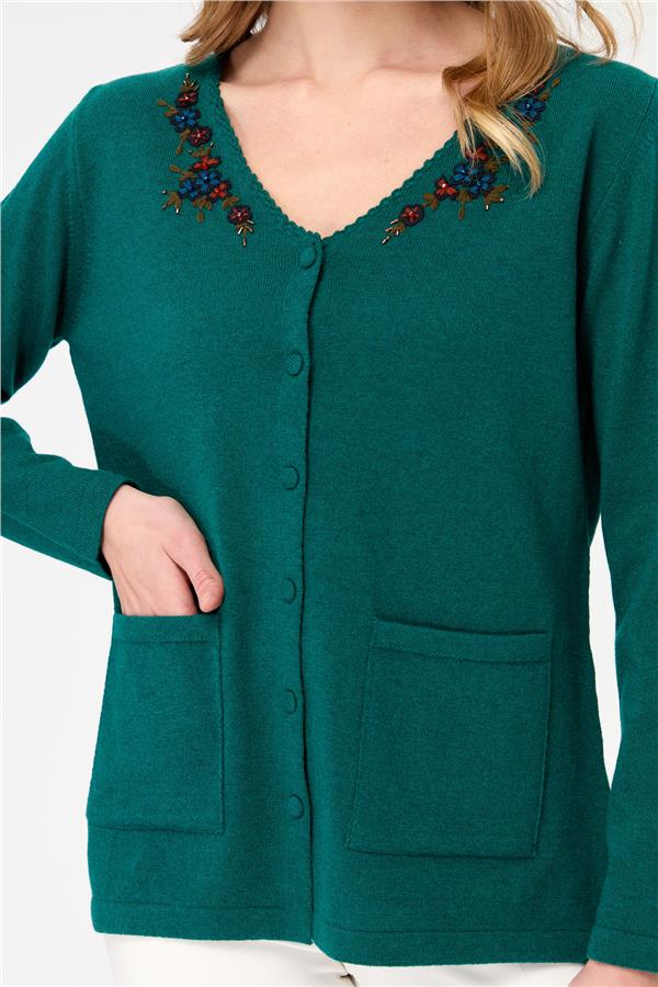 Женская шерстяная куртка с v-образным вырезом и кружевной вышивкой