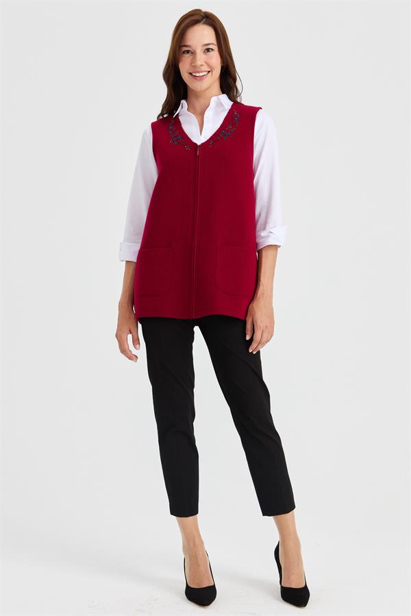 Женский шерстяной жилет с v-образным вырезом и кружевной вышивкой
